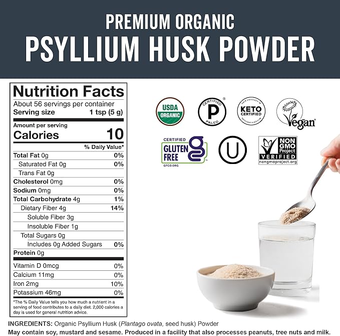 Viva Naturals Organic Psyllium Husk Powder, 10 oz - Finely Ground, Unflavored Plant Based Superfood - Good Source of Fiber for Gluten-Free Baking, Juices & Smoothies - Certified Vegan, Keto and Paleo