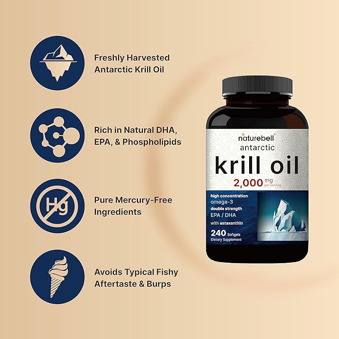 Antarctic Krill Oil 2000mg Supplement, 240 3X Strength Omega-3s, EPA 240mg + 160mg + 800mcg –
