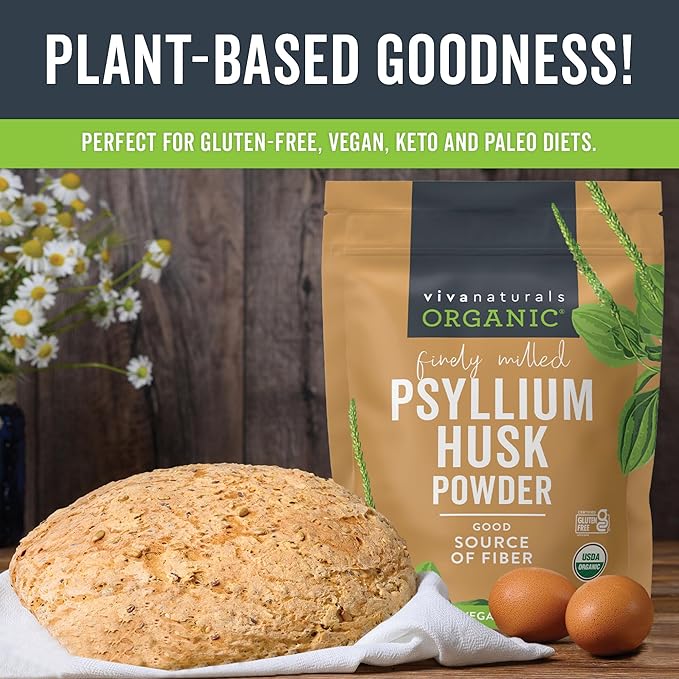Viva Naturals Organic Psyllium Husk Powder, 10 oz - Finely Ground, Unflavored Plant Based Superfood - Good Source of Fiber for Gluten-Free Baking, Juices & Smoothies - Certified Vegan, Keto and Paleo