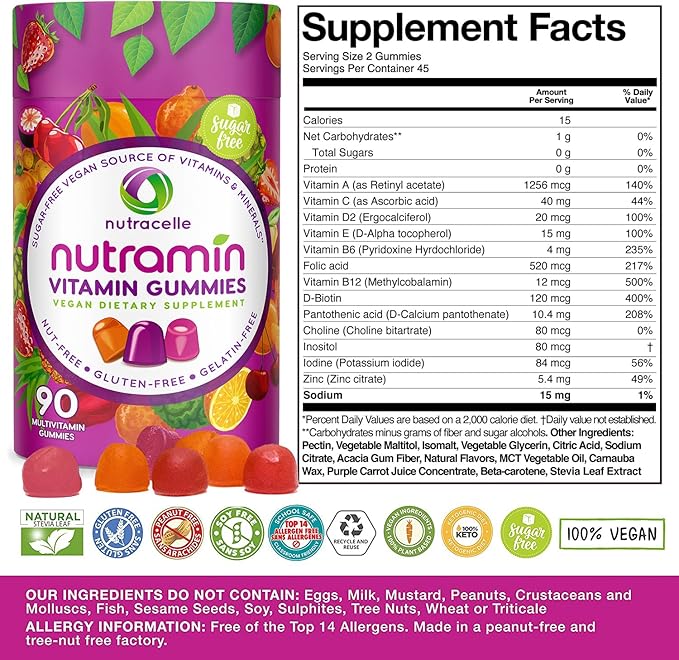 NUTRAMIN Daily Vegan Keto Multivitamin Gummies D2, and B6, B12 B12 & 90 Count, 45 Days