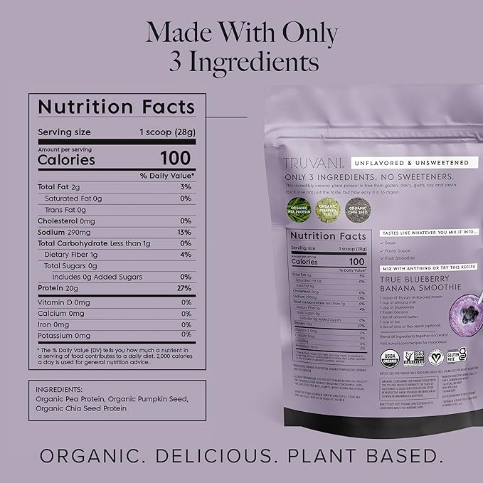 Truvani Vegan Pea Protein Powder | Unflavored | 20g Organic Plant Based Protein | 1 Serving | Keto | Gluten & Dairy Free | Low Carb | No Added Sugar
