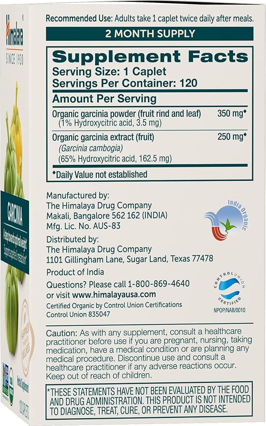 Himalaya Organic Garcinia Cambogia for Weight 600 mg, 120 Caplets, 2 Month