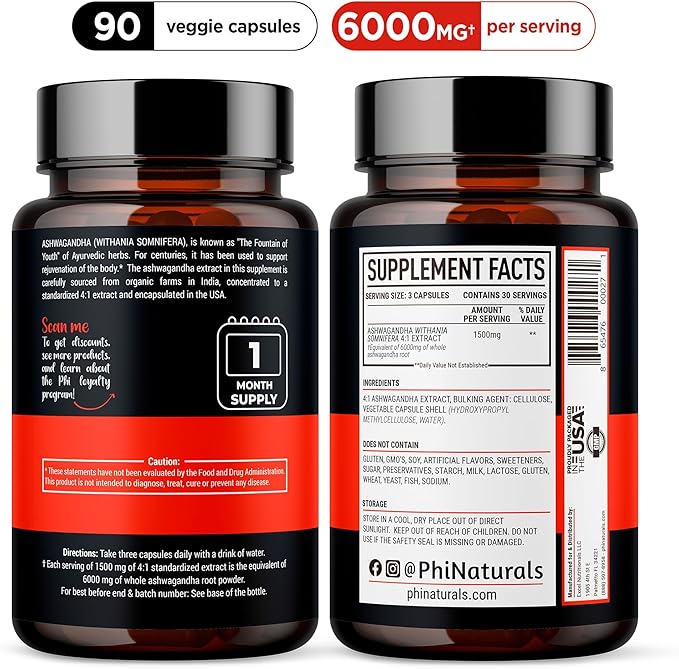 Ashwagandha Root Extract Capsules (Organic) Equivalent 6000 mg 1500 mg 500 mg 90 Count