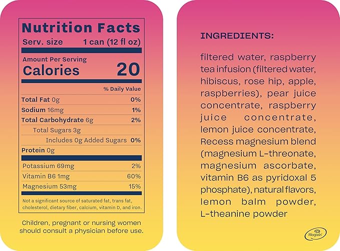 Recess Mood Magnesium Supplement Drink Calming 12 Ounce, 12 (Raspberry 12 Pack)