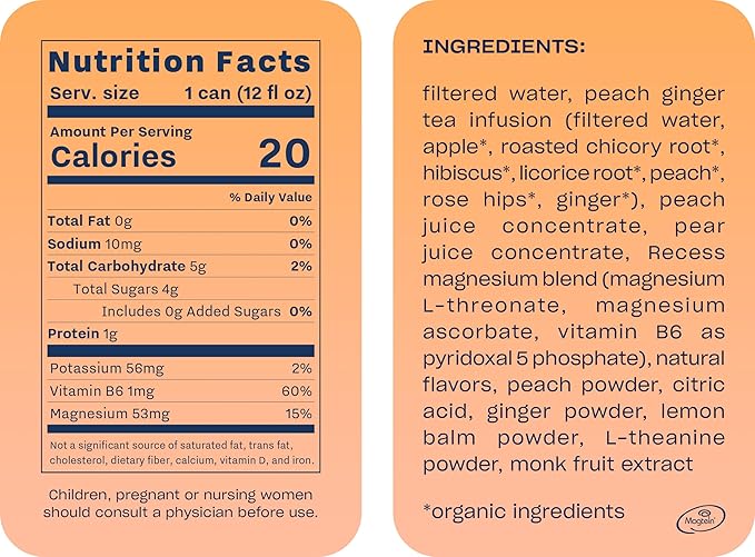 Recess Mood Magnesium Supplement Drink Calming 12 Ounce, 12 (Peach 12 Pack)