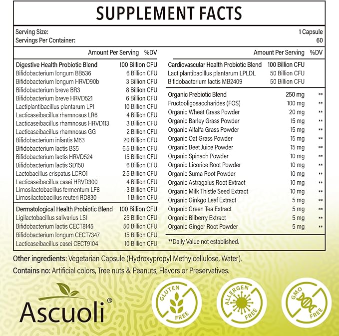 Ascuoli Probiotics for Women & Men 300 Billion 22 Strains 15 Organic 60 Capsule