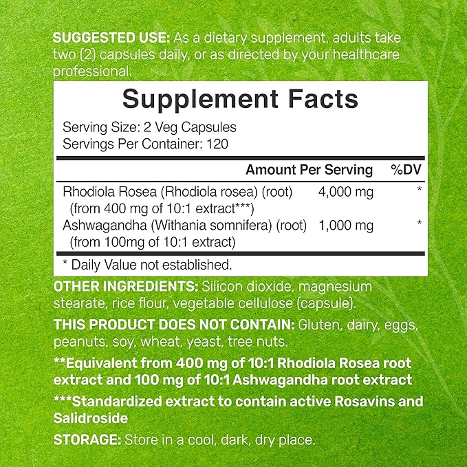 DEAL SUPPLEMENT Rhodiola Rosea with Ashwagandha 5,000mg Per 240 Veggie 10:1 Root