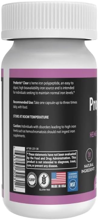 Proferrin Clear 30ct | US Made heme Iron for high Absorption, Easy on GI Tract | Natural, NSF Certified, dye Free