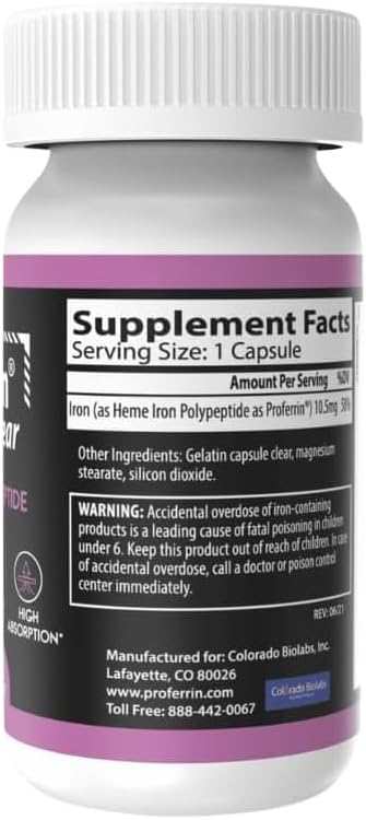 Proferrin Clear 30ct | US Made heme Iron for high Absorption, Easy on GI Tract | Natural, NSF Certified, dye Free