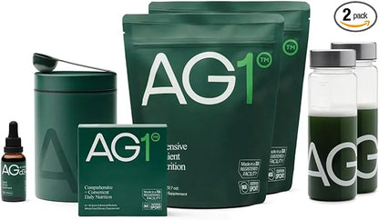 AG1 Greens Powder Supplement | Improve Gut Health | Multivitamin, Probiotic, Gluten Free, Vegan and Keto Friendly | 75 Vitamins (Athletic Greens) - Family Starter Kit