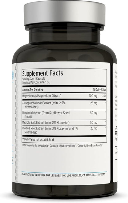 LES Labs Cortisol Health – Stress Relief, Balanced Cortisol Response, Relaxation & Deep Sleep – Phosphatidylserine, Magnesium, Magnolia Bark, Rhodiola Rosea & Ashwagandha – Non-GMO – 60 Capsules