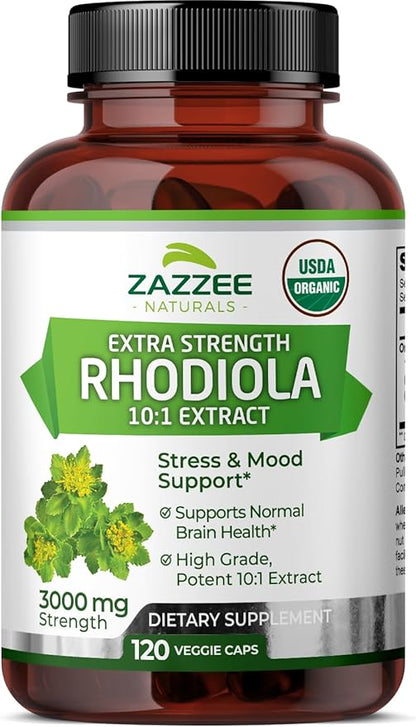 Zazzee USDA Organic Rhodiola 10:1 Exract, 3000 mg 120 Capsules, 4 Month 10X Extract, 100% Vegetarian,