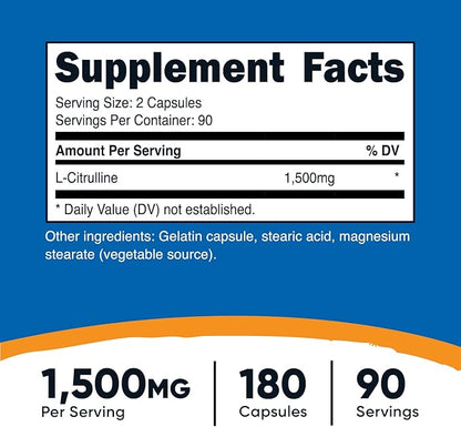 Nutricost L-Citrulline 1500mg, 180 Capsules - 750mg Per Capsule, Gluten Free, Non-GMO, Packaging May Vary