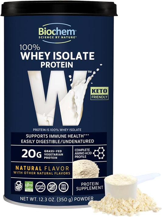 Biochem 100% Whey Isolate Protein - Natural Flavor - 12.3 Ounce, Preworkout & Immune Health - 20g Vegetarian Protein - Easily Digestible - Refreshing Taste - Keto Friendly & Easy to Mix…