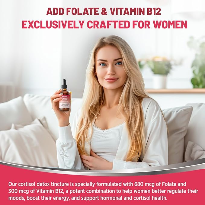 Cortisol Supplement Liquid Drops, Lower Cortisol Supplements for Women, 16 in 1 Cortisol Reducer w. Ashwagandha, Magnesium, L-Theanine, Folate for Relaxation & Hormone Balance, Strawberry