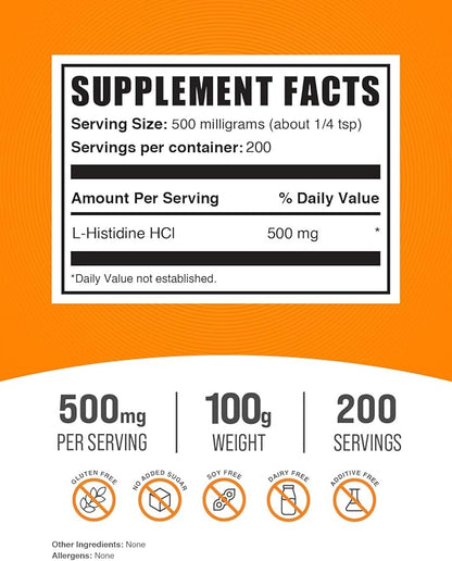 BulkSupplements.com L-Histidine HCl Powder - L-Histidine Supplement, Histidine 500mg - Essential Amino Acid, Gluten Free, 500mg per Serving, 100g (3.5 oz) (Pack of 1)