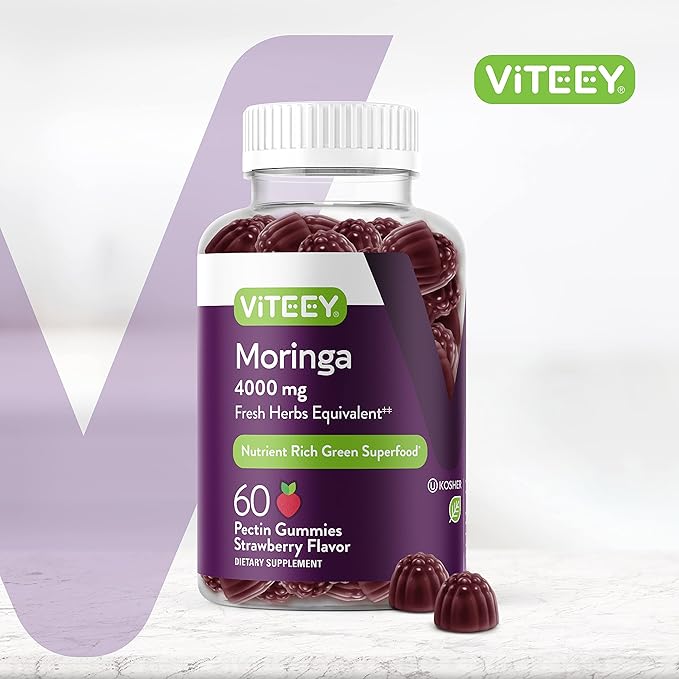 Moringa Gummies for Adults & Teens - Moringa Leaf Extract 4000mg - Immune Support, Energy Booster, Better Mood Support - Chewable Green Superfood - Vegan, Gelatin Free - Strawberry Flavored Gummy