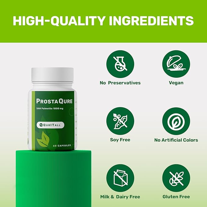 ProstaQure Saw Palmetto 1000 mg - Prostate Supplements for Men's Health - Decrease Nightly Urination & Improved Urine Flow - 60 Capsules Vegan, Soy Free & Gluten-Free