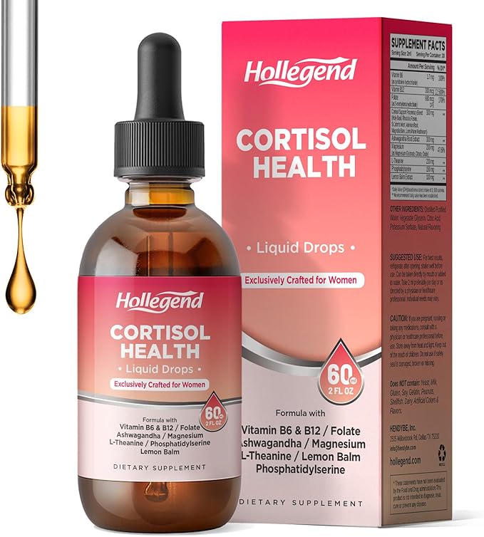 Cortisol Supplement Liquid Drops, Lower Cortisol Supplements for Women, 16 in 1 Cortisol Reducer w. Ashwagandha, Magnesium, L-Theanine, Folate for Relaxation & Hormone Balance, Strawberry