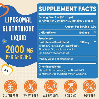 2000MG Liposomal Glutathione Liquid, 98% Absorption, Glutathione Liquid Supplement, Active Form L- Glutathione, Powerful Antioxidant Non-GMO for Immune System, Aging Defense, Detox, 12 FL.OZ