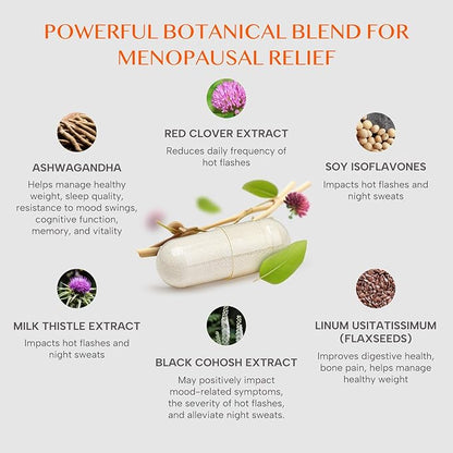Meno- Menopause Hormonal Balance for Women, Estrogen Soy Isoflavones Menopause Supplement for Women, Ashwagandha, Black Cohosh Hot Flashes Menopause Relief, Night Sweats Relief 120Caps