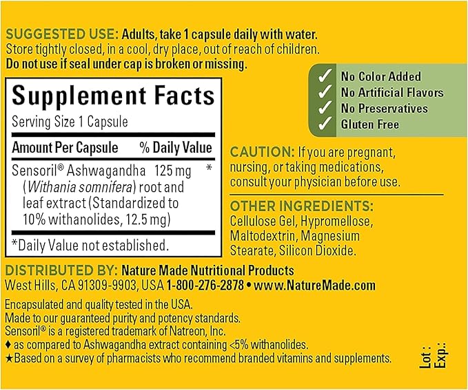 Nature Made Ashwagandha Capsules 125mg 60 Capsules, 60 Day 2)