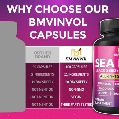 BMVINVOL Sea Moss 6000mg Black Seed 4000mg Shilajit 2000mg Ashwagandha 2000mg + 100 Capsules