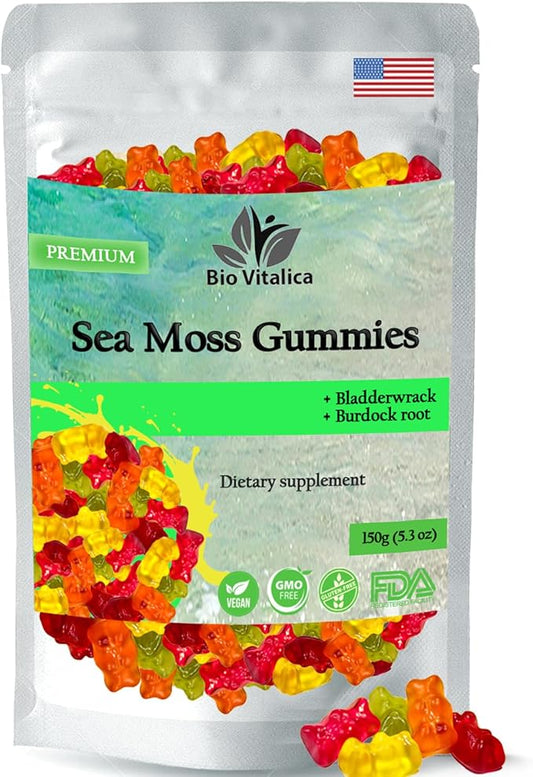 BIO VITALICA Sea Moss Gummies - Irish sea Moss raw Organic, Bladderwrack, Burdock Root. Contains Sea Moss Gel and Powder. Superfoods for Vegan, Keto and Dr Sebi Diet. Immune Boosting (1, Original)