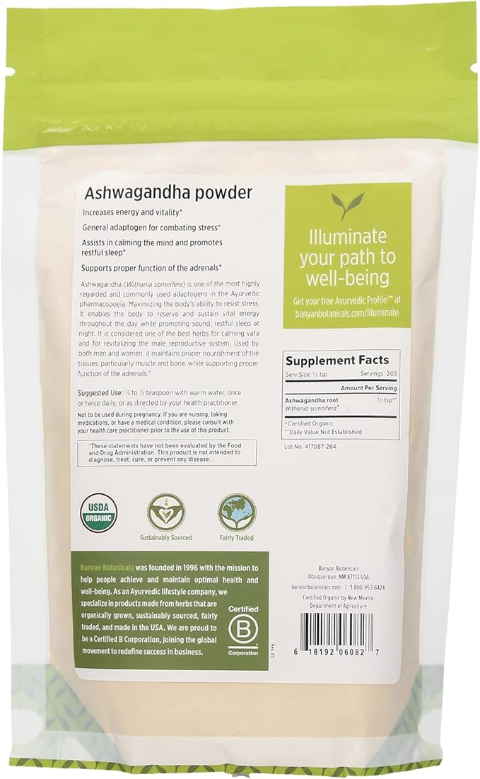 Banyan Botanicals Organic Ashwagandha Powder – 1/2lb –