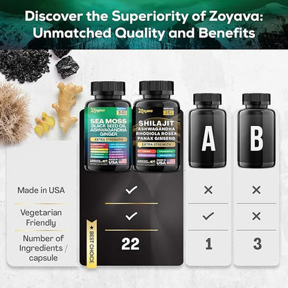Zoyava Dynamic Vitality Bundle, Sea Moss 7000mg, Black 4000mg, Ashwagandha 2000mg, Ginger 9000mg, Rhodiola 1000mg, Panax (2 Pack)
