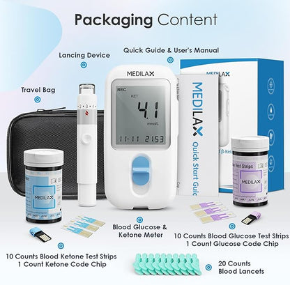 Medilax Ketone Monitor and Glucose Meter Kit 10 Ketone 10 Glucose