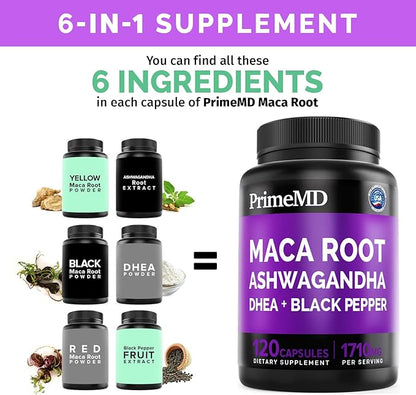 6-in-1 Organic Maca Root & Ashwagandha Capsules 1710mg w/DHEA & Black Pepper Fruit Extract - Maca Root Capsules for Women & Men - Energy, Mood, and Bone Support Supplement, 360 Capsules (3 Pack)