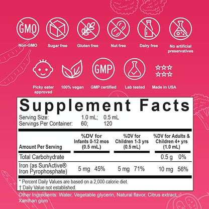 Nuvamin – Liquid Liposomal Iron Drops for Baby, Toddlers, Kids, & Adults, 2Fl.Oz (60ml), 120 Daily Serving. Great Taste - All Natural - Vegan - No Metallic Aftertaste, Berry Flavor