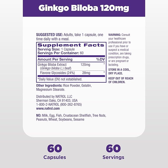 Natrol Brain Health Ginkgo Biloba 120mg, 60 Capsules, 60 Day