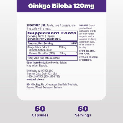 Natrol Brain Health Ginkgo Biloba 120mg, 60 Capsules, 60 Day