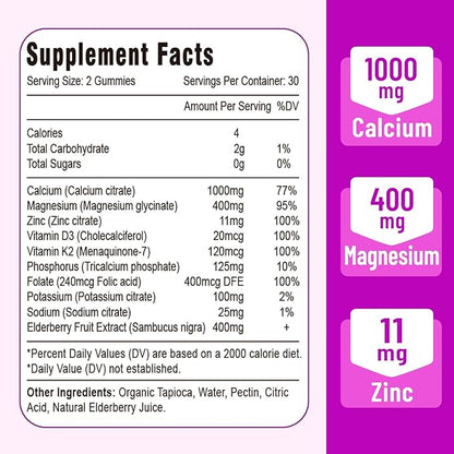 Calcium Magnesium Zinc Gummies with Vitamin D3 & K2, High 60 Gummies…