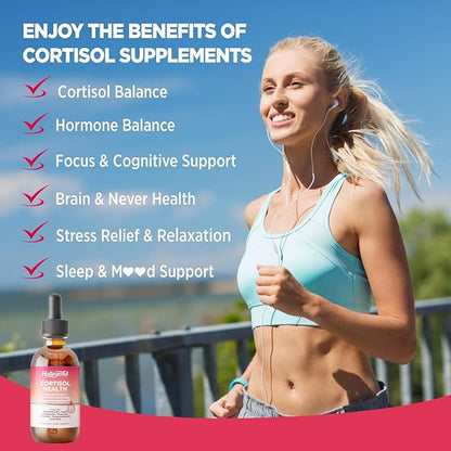 Cortisol Supplement Liquid Drops, Lower Cortisol Supplements for Women, 16 in 1 Cortisol Reducer w. Ashwagandha, Magnesium, L-Theanine, Folate for Relaxation & Hormone Balance, Strawberry