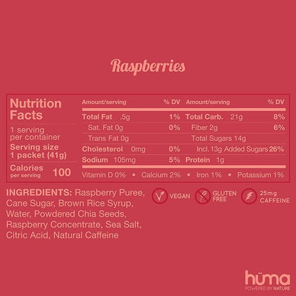Huma Chia Energy Gel, Raspberries, 24 Gels, 1x Caffeine - Sports Nutrition for Endurance Exercise