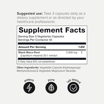 40,000mg Pure Black Maca Root Extract - Ultra Concentrated 20:1 Single Origin Wildcrafted Third-Party Tested Black Maca Powder Capsules for Men & Women - Peruvian Black Macca Root Powder -120 Veg Caps