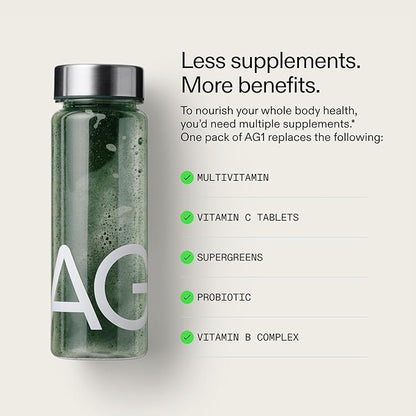 AG1 Greens Powder Supplement | Improve Gut Health | Multivitamin, Probiotic, Gluten Free, Vegan and Keto Friendly | 75 Vitamins (Athletic Greens) - Family Starter Kit