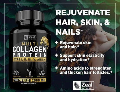 Multi Collagen Peptides Pills (Types Ⅰ,Ⅱ,Ⅲ,Ⅴ,Ⅹ) (180 Capsules)