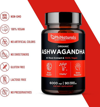 Ashwagandha Root Extract Capsules (Organic) Equivalent 6000 mg 1500 mg 500 mg 90 Count