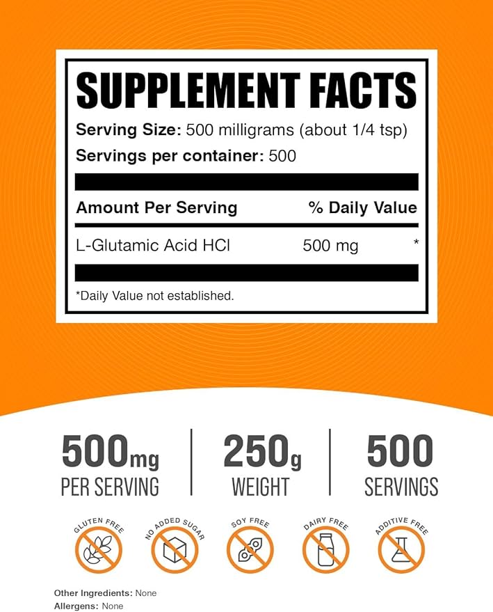 BulkSupplements.com L-Glutamic Acid HCl Powder - Amino Acid Supplement, Glutamate Supplement - for Gut Health, Glulten Free, 500mg per Serving, 250g (8.8 oz) (Pack of 1)