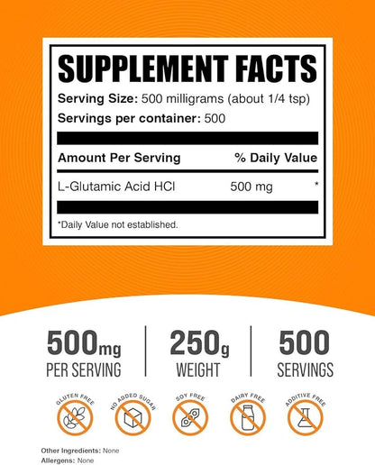 BulkSupplements.com L-Glutamic Acid HCl Powder - Amino Acid Supplement, Glutamate Supplement - for Gut Health, Glulten Free, 500mg per Serving, 250g (8.8 oz) (Pack of 1)