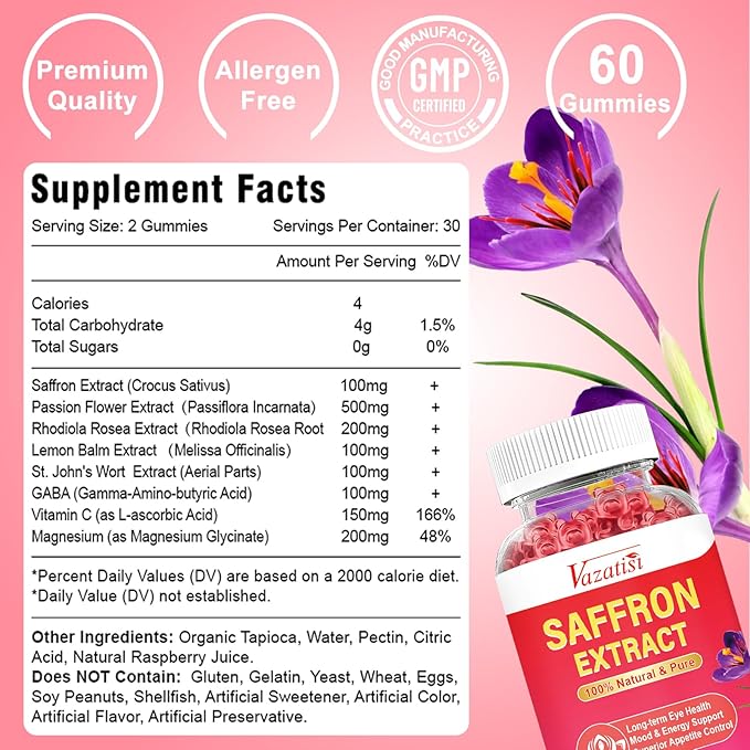 Sugar Free Saffron Gummies, 100 mg 60 Cts
