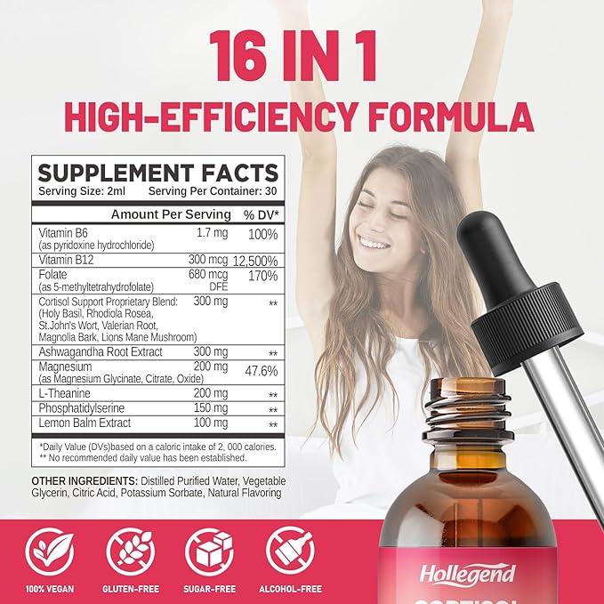 Cortisol Supplement Liquid Drops, Lower Cortisol Supplements for Women, 16 in 1 Cortisol Reducer w. Ashwagandha, Magnesium, L-Theanine, Folate for Relaxation & Hormone Balance, Strawberry