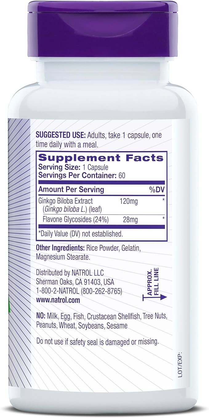 Natrol Brain Health Ginkgo Biloba 120mg, 60 Capsules, 60 Day