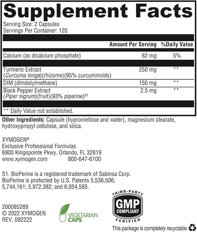 XYMOGEN Dimension 3 - Diindolylmethane DIM Supplement with Curcumin + BioPerine - Supports Healthy Estrogen Detox, Hormonal Balance for Women and Men - Menopause Relief + PMS Support (240 Capsules)