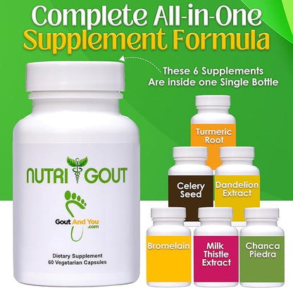 NutriGout Uric Acid Cleanse Supplement w/Turmeric, Celery Seed, Bromelain, Milk Thistle, Dandelion and Chanca Piedra, 60 Vegetarian Capsules of 500 mg Each