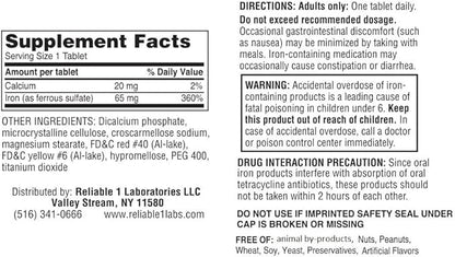 Iron Supplement Ferrous Sulfate 325mg by Reliable 1 | Iron Pills for Women and Men | Iron Supplements for Anemia and Iron Deficiency | 100 Iron Tablets per Bottle